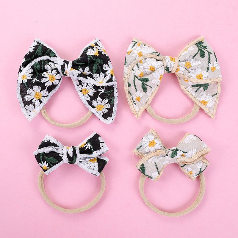 Fashion Embroidery Daisy Bow Children's Seamless Nylon Knot Headband