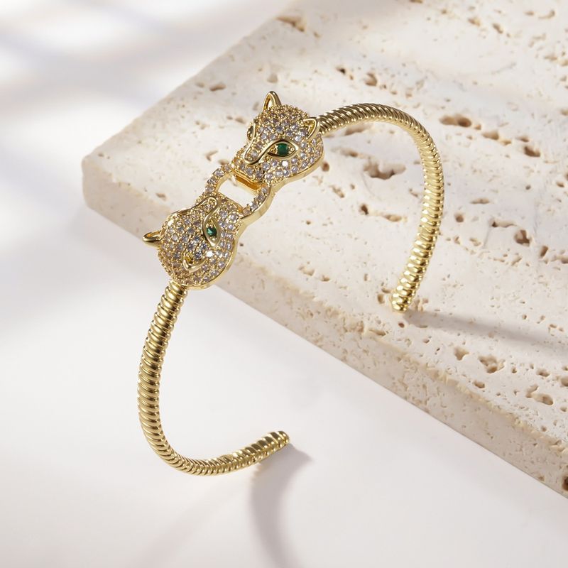 Bracelet En Or À Tête De Léopard À La Mode Bracelet En Alliage De Zircon Incrusté Simple