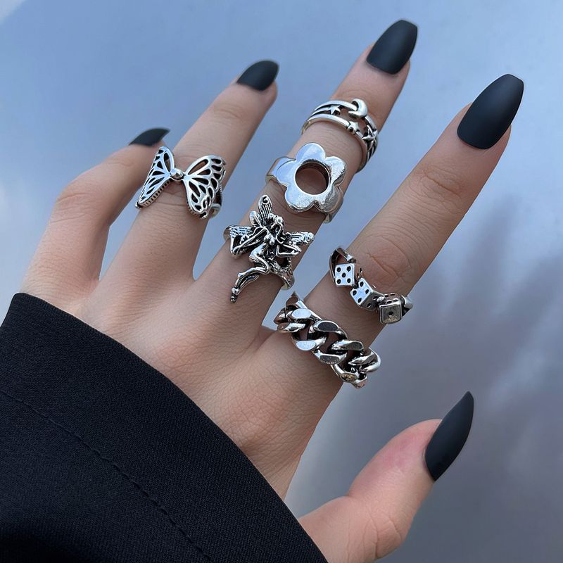 Punk Gothic Style Würfel Stern Mond Blume Engel Schmetterling Ring 6-teiliges Set