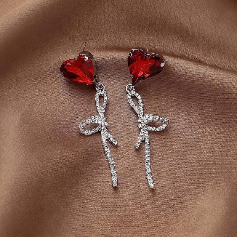 Fashion Red Heart Rhinestone Bow Alloy Earrings Wholesale
