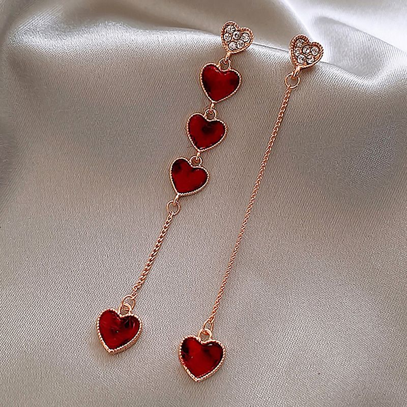Simple Asymmetric Set With Rhinestones Red Heart Chain Earrings Wholesale