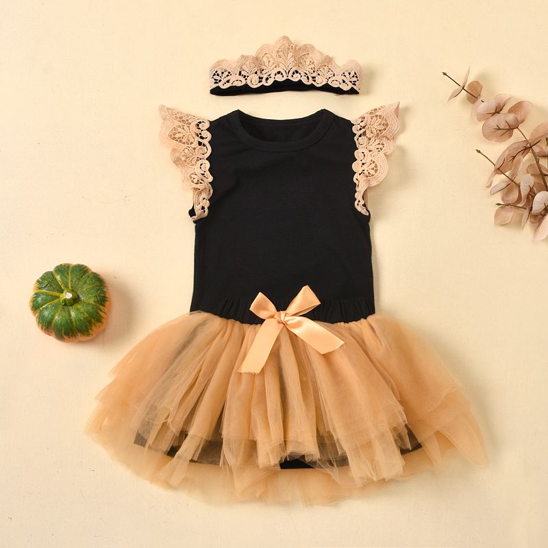 Summer New Hairband Lace Flying Sleeve Mesh Short Skirt Baby Romper Cotton Three-piece Set
