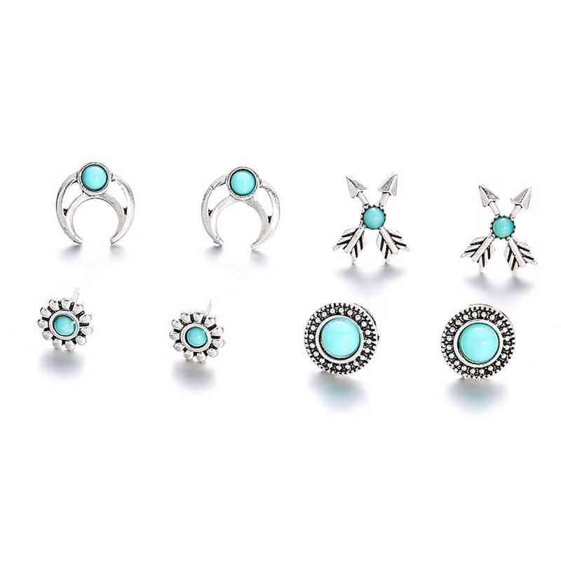 New Set Bohemian Retro Totem Turquoise Alloy Earrings Set Wholesale