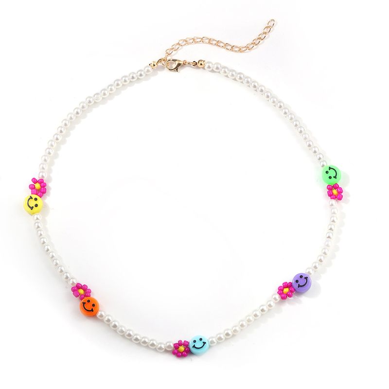 Vintage Rice Beads Woven Flower Candy Color Smiley Clavicle Chain Wholesale