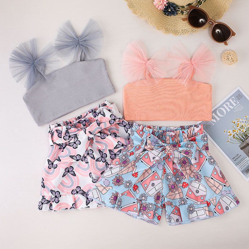 Bow Knot Sleeveless Top Summer Girls Suspenders Shorts Two-piece Suit