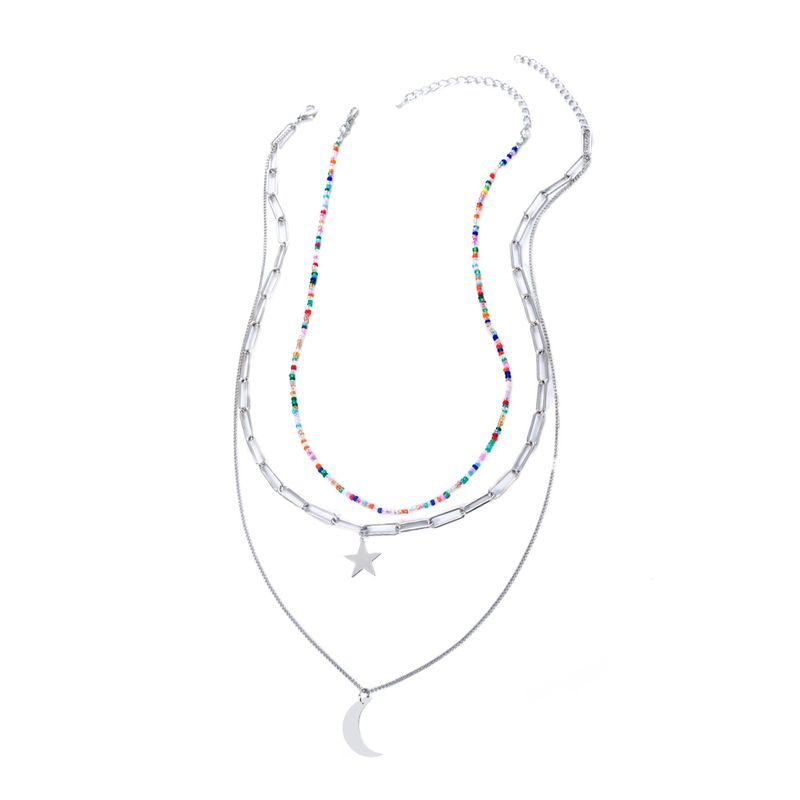Fashion New Jewelry Star Moon Element Pendant Rice Bead Lattice Chain Multi-layer Layered Necklace 2