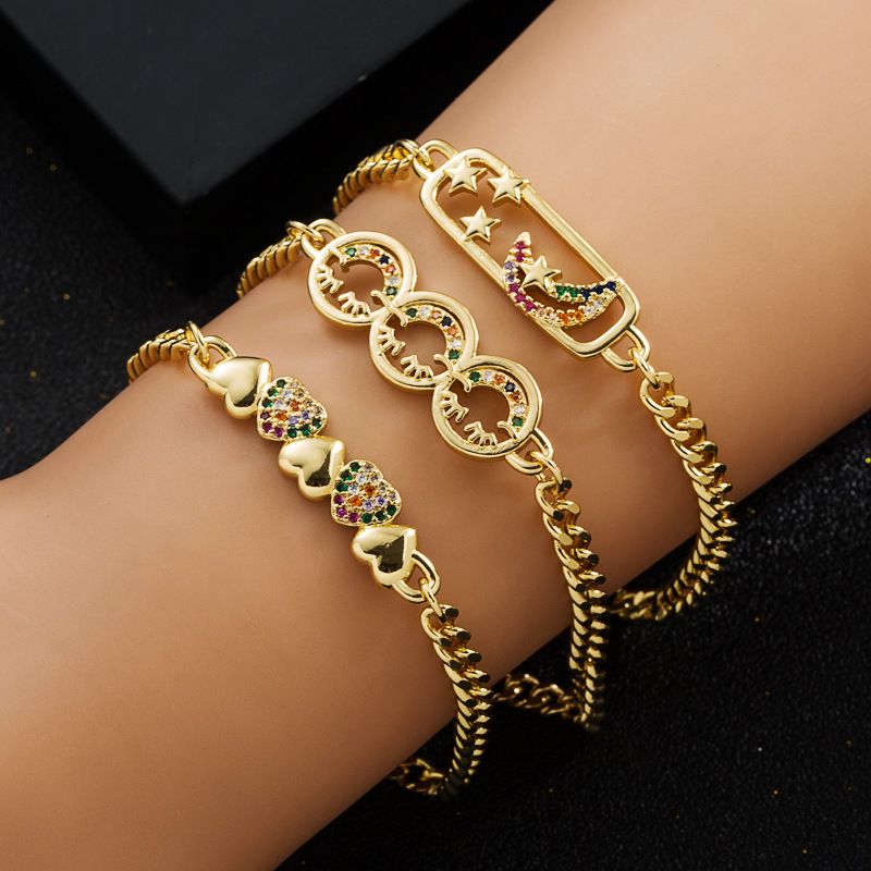 Pulsera De Cara Sonriente De Corazón De Luna Y Estrella De Circón De Oro Real Chapado En Cobre De Moda