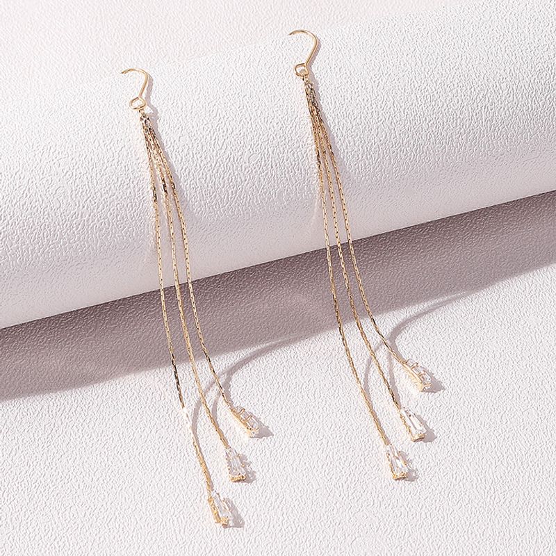 New Long Chain Tassel Zircon Copper Gold-plated Earrings