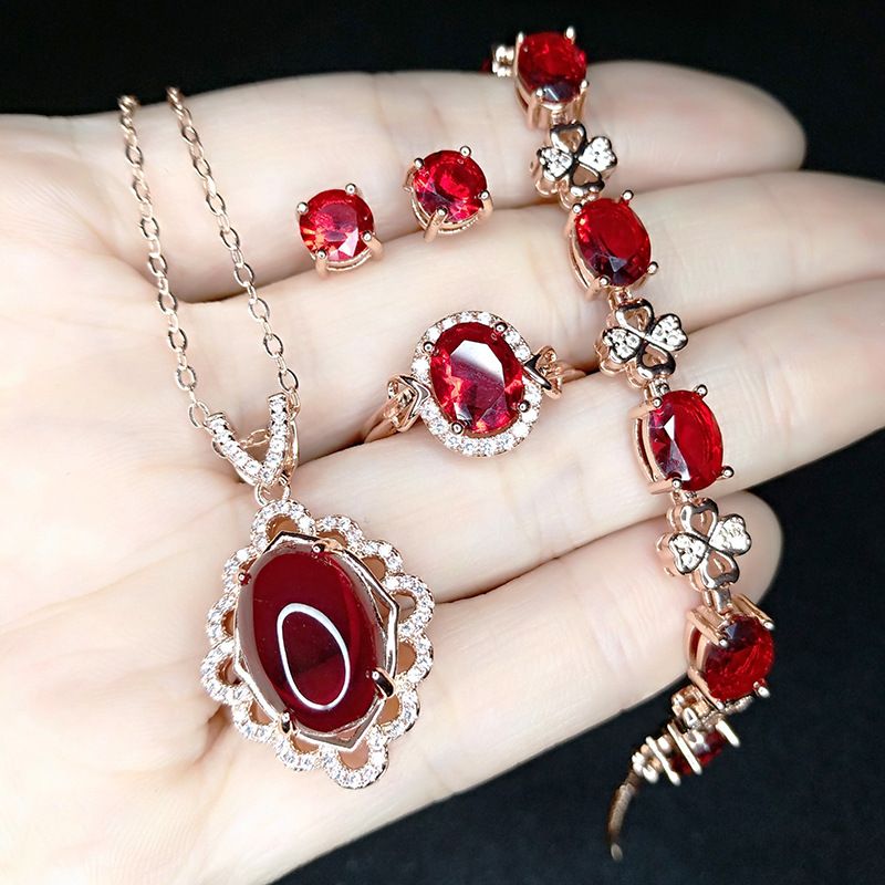 Wholesale Imitation Pigeon Blood Ruby Rose Gold Plated Garnet Jewelry Four-piece Set