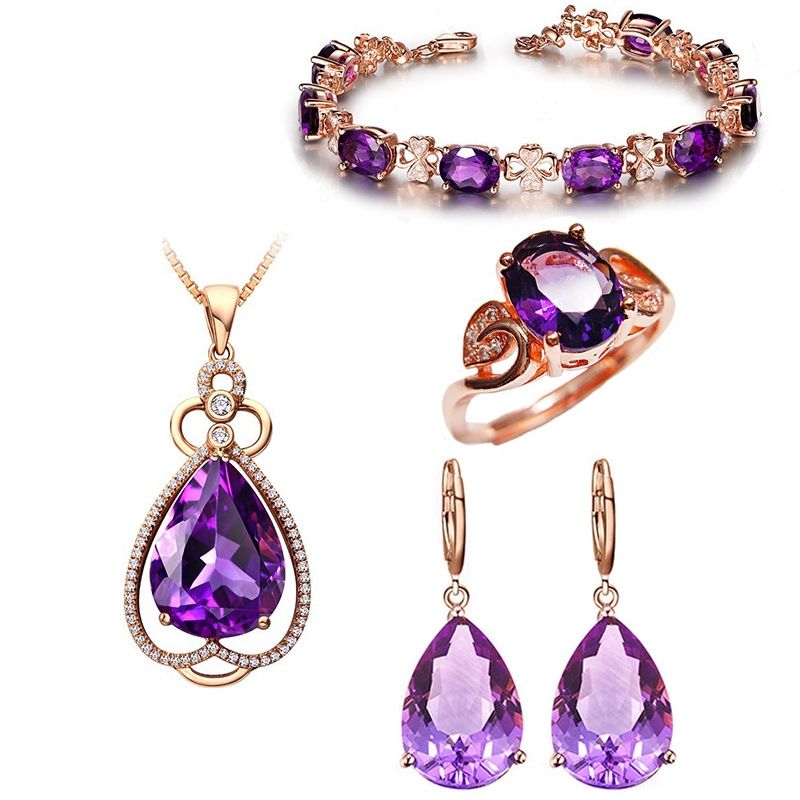 Four-leaf Clover Bracelet Four-claw Purple Diamond Ring Ear Hook Rose Gold Clavicle Chain Set
