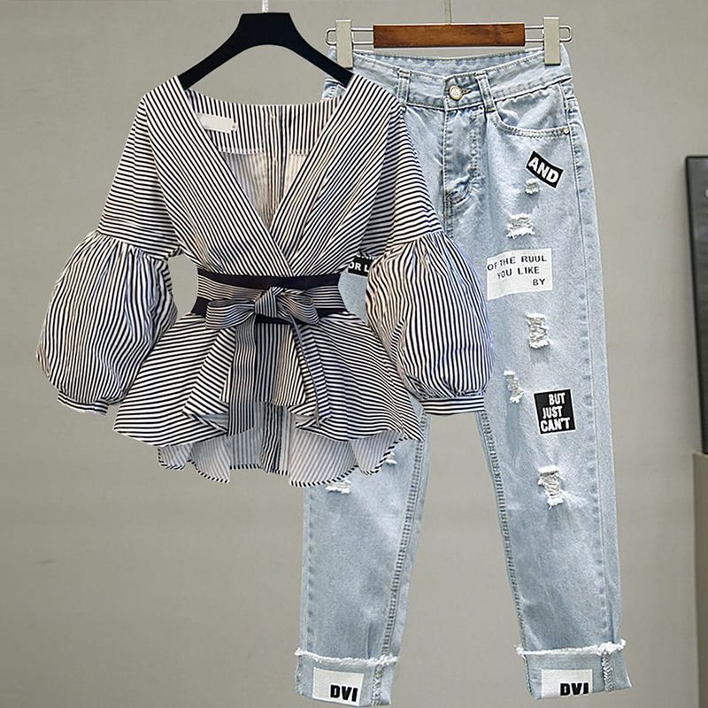 Simple Slim Striped Sleeve Chiffon Shirt Jeans Two-piece Suit