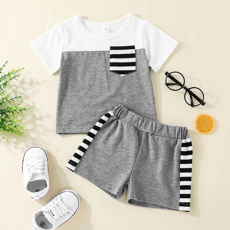 Short Sleeve Color Matching T-shirt And Striped Shorts Children's Clothing Two-piece Set