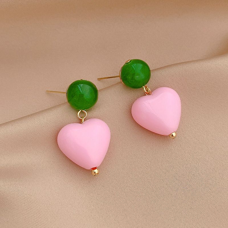 Cute Pink Heart Sweet Contrast Color Alloy Resin Earrings Wholesale