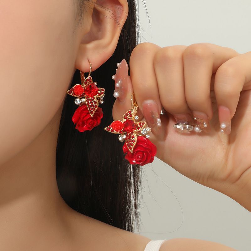 Creative Butterfly Diamond Flower Rose Pendant Earrings