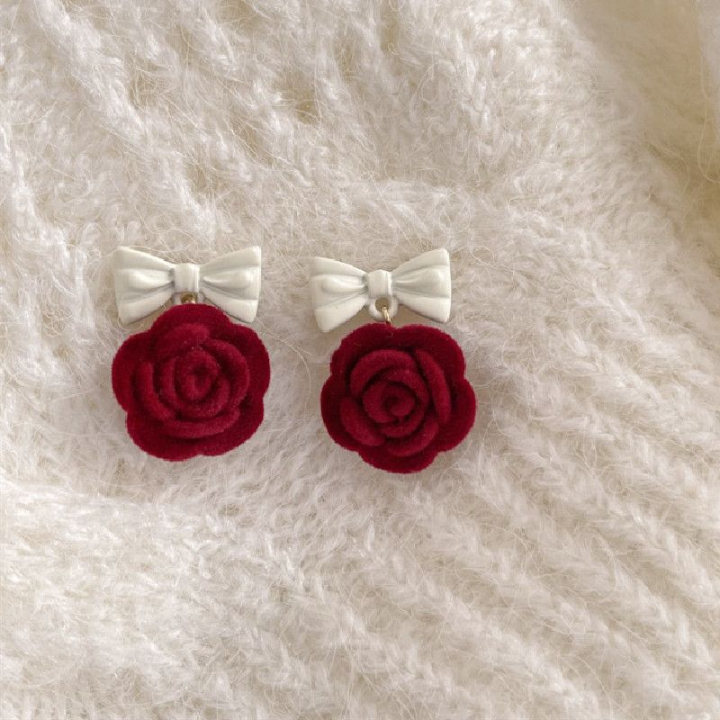 Retro Wine Red Rose Flower Flocking Flower Pendant Earrings
