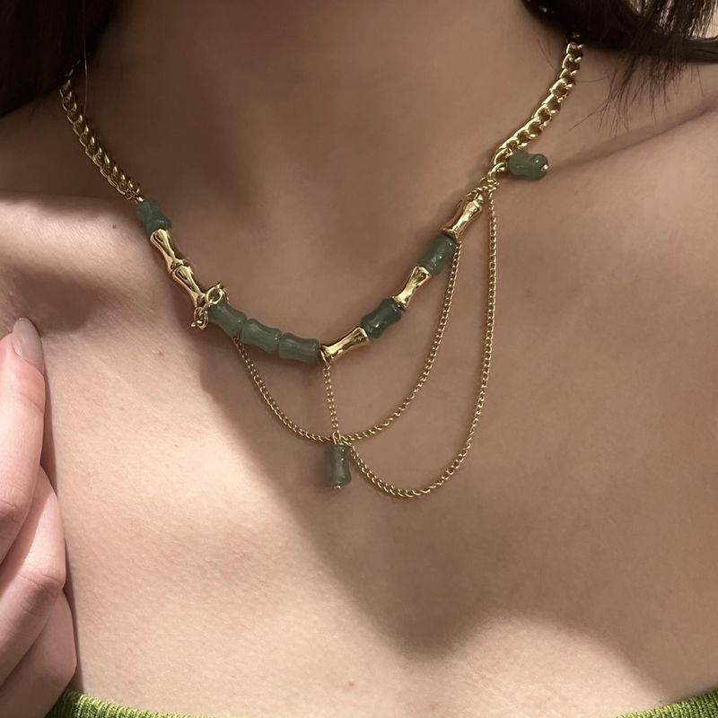 Retro 18 Karat Plattierte Dicke Kette Gold Aventurin Stein Halskette Im Chinesischen Stil