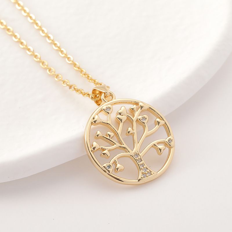 Nouveaux Bijoux Simples Pour Femmes Pendentif Arbre De Vie Rond Collier En Or Véritable Plaqué Cuivre