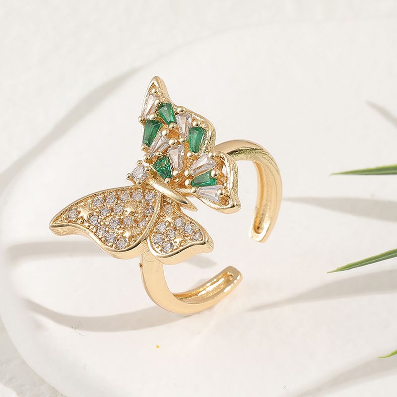 Fashion Diamond Green Zircon Summer Butterfly Open Copper Tail Ring
