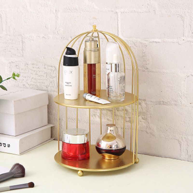 Iron Birdcage Rack Desktop Cosmetic Storage Rack Golden Double-layer Rack