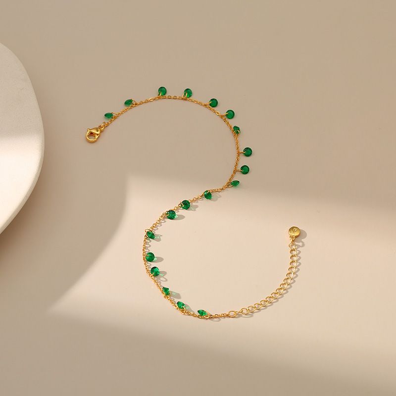 New Copper 18k Gold Plated Inlaid Green Zircon Anklet