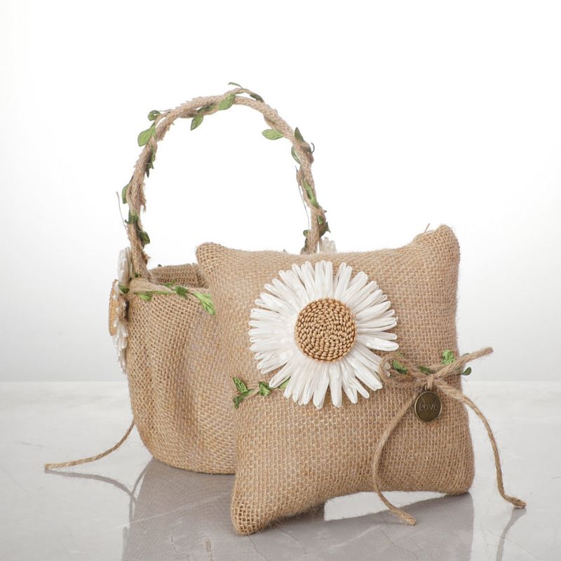 Western Wedding Set Simulated Sunflower Burlap Satin Ring Pillow Flower Basket