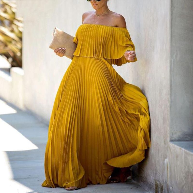 فستان شيفون مطوي من كلمة واحدة للكتف بلون واحد