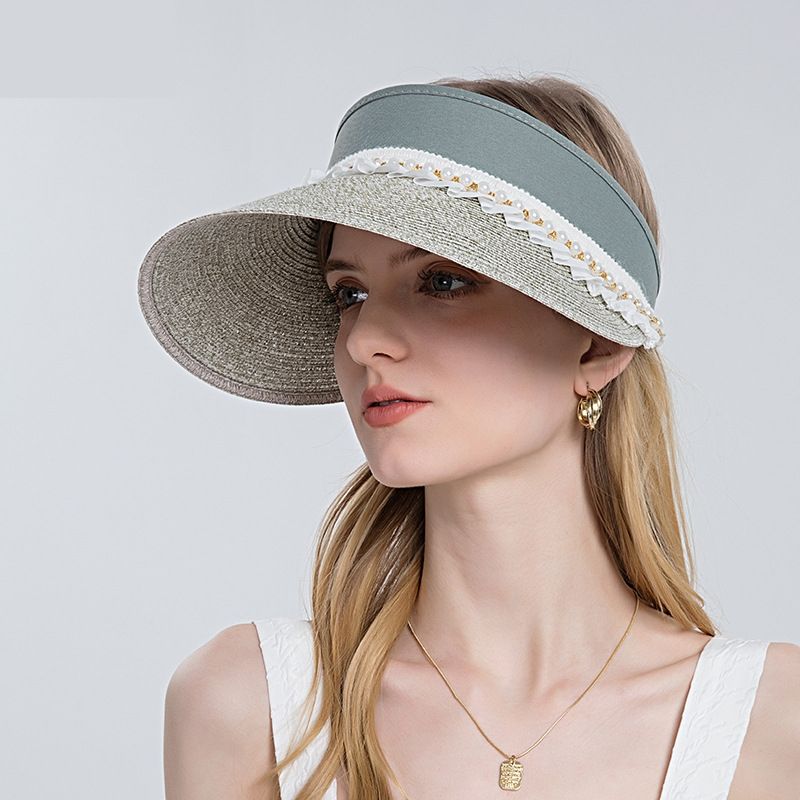 Sombrero De Paja Superior Vacío De Sol De Verano Femenino De Encaje De Perlas De Moda