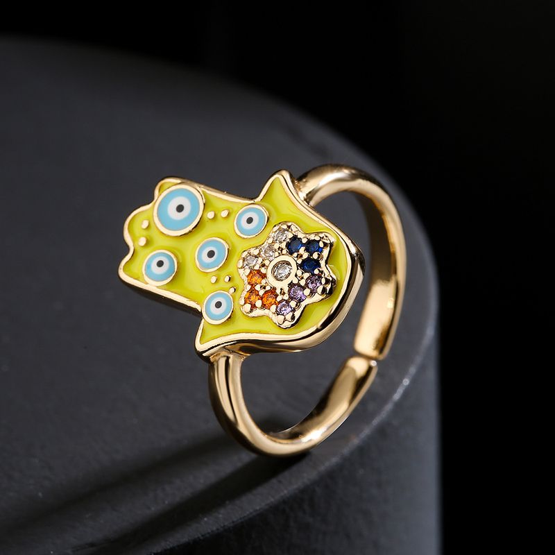 Mode Neue Kupfer Zirkon Farbe Tropfendes Öl Teufel Auge Fatimas Hand Offener Ring