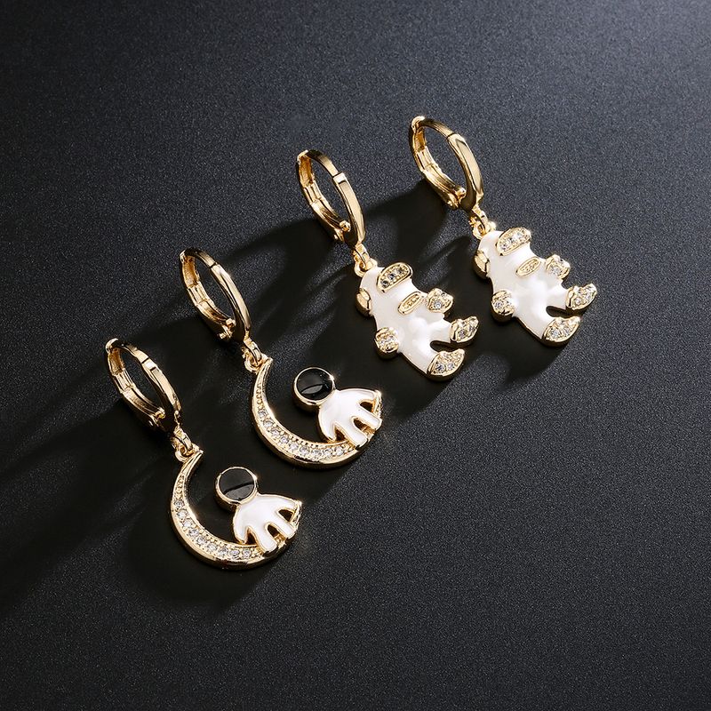 Fashion Copper-plated 18k Gold Drop Oil Zircon Moon Astronaut Earrings Female