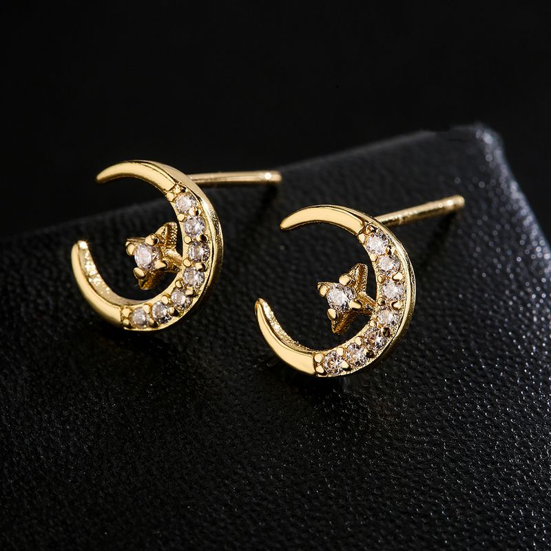 Lindos Aretes De Piruleta De Luna Y Estrella De Circón Con Aceite De Goteo Chapado En Oro De Cobre De 18 Quilates