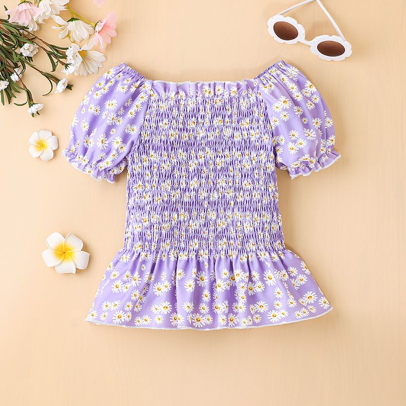 2022 Summer Floral Pleated Puff Sleeve Children Top