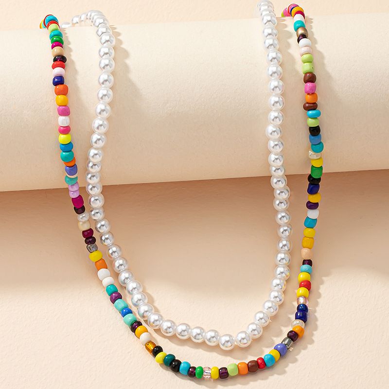 Fashion Color Millet Beaded Double Pearl Ethnic Alloy Necklace Set