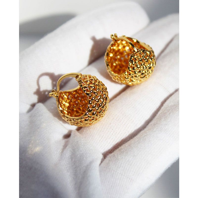 Fashion Woven Hollow Ball Golden Round Basket Copper Earrings