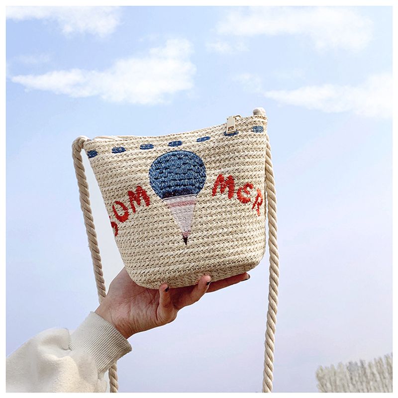 Summer Small Straw Woven Bucket Embroidery Woven Messenger Bag22*17*12cm