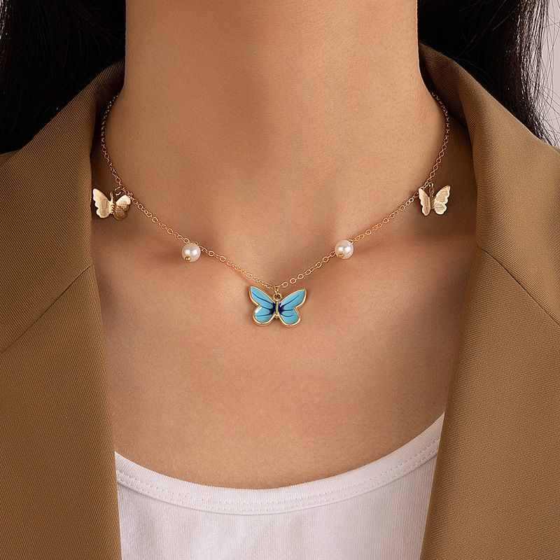 Joyas Gota Azul Aceite Mariposa Collar De Aleación De Una Sola Capa Geométrico