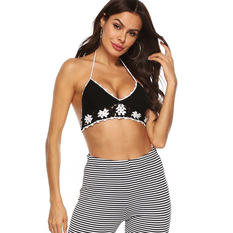 Ethnic Style Straps Camisole Black White Stitching Beach Bikini