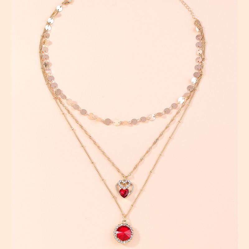 Simple Heart Ruby Pendant Disc Chain Multi-layer Necklace