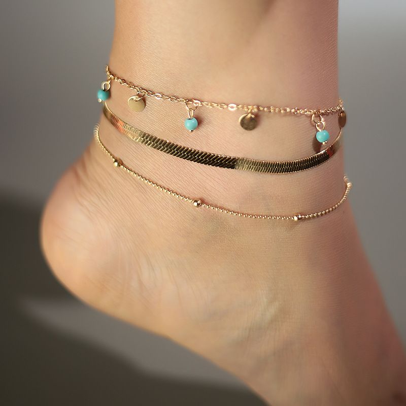 New Bohemian Geometric Turquoise Disc Double-layer Alloy Anklet Set