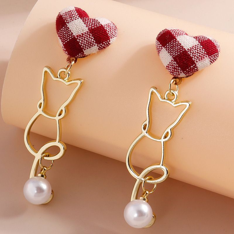 Fashion Jewelry Fabric Heart Pearl Cat Pendant Alloy Earrings