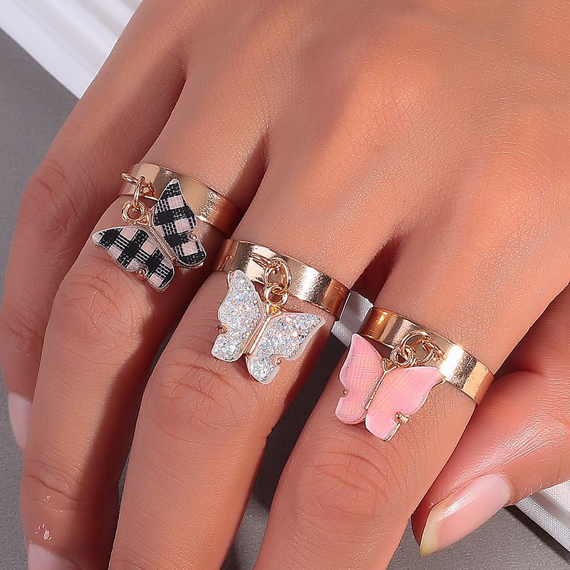 Cartoon Colorful Butterfly Ring Children's Day Gift Acrylic Plaid Butterfly Pair Ring