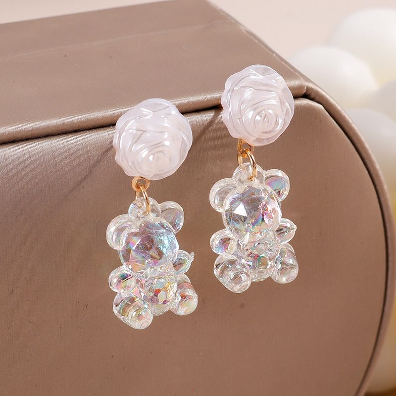 Fashion White Rose Colorful Bear Pendant Earrings