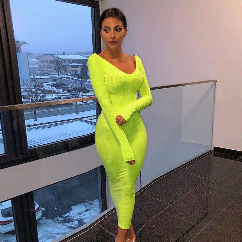 Pencil Skirt Streetwear V Neck Long Sleeve Solid Color Maxi Long Dress