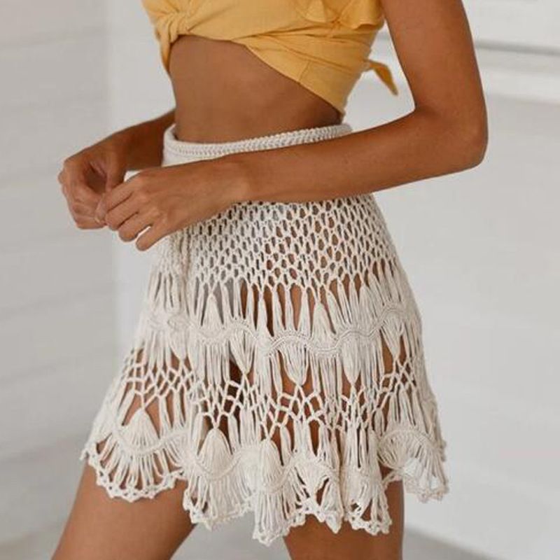 Bohemian Style Solid Color Crochet Hollow Skirt Short Skirt Women's Clothing