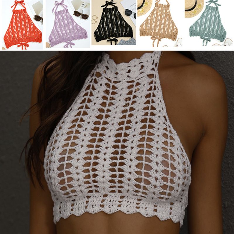 Sexy Knitted Crochet Straps Backless Hollow One-piece Wrap Chest Bikini Top