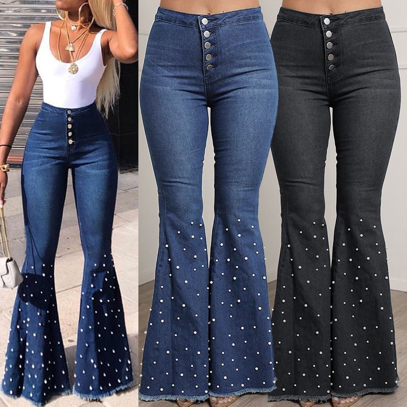 Casual Basic Full Length Beaded Washed Flared Pants Jeans