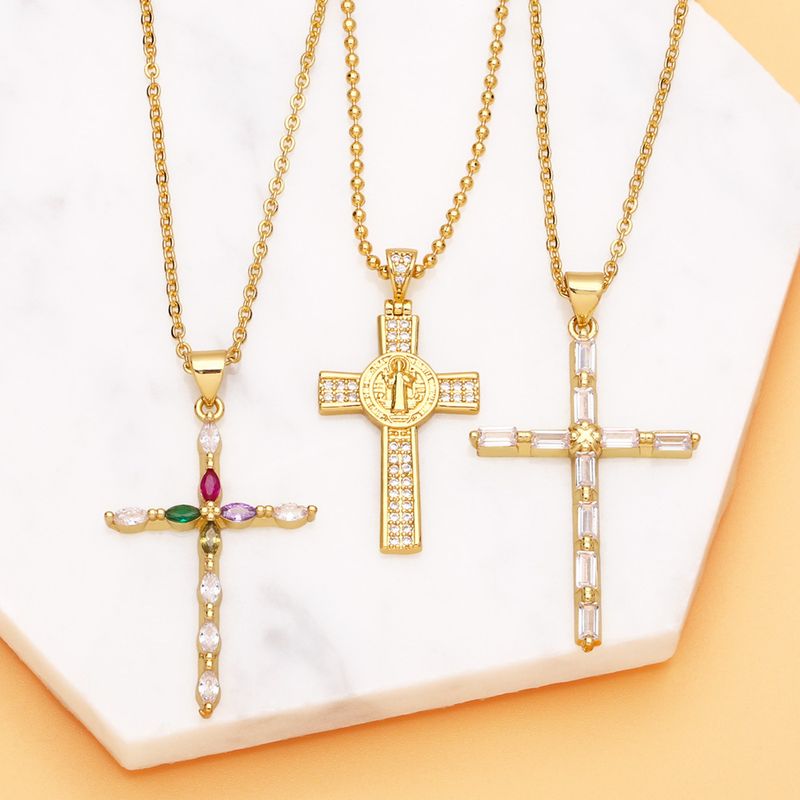 Mode Zirkon Kreuz Anhänger Kupfer Halskette Einfache Accessoires