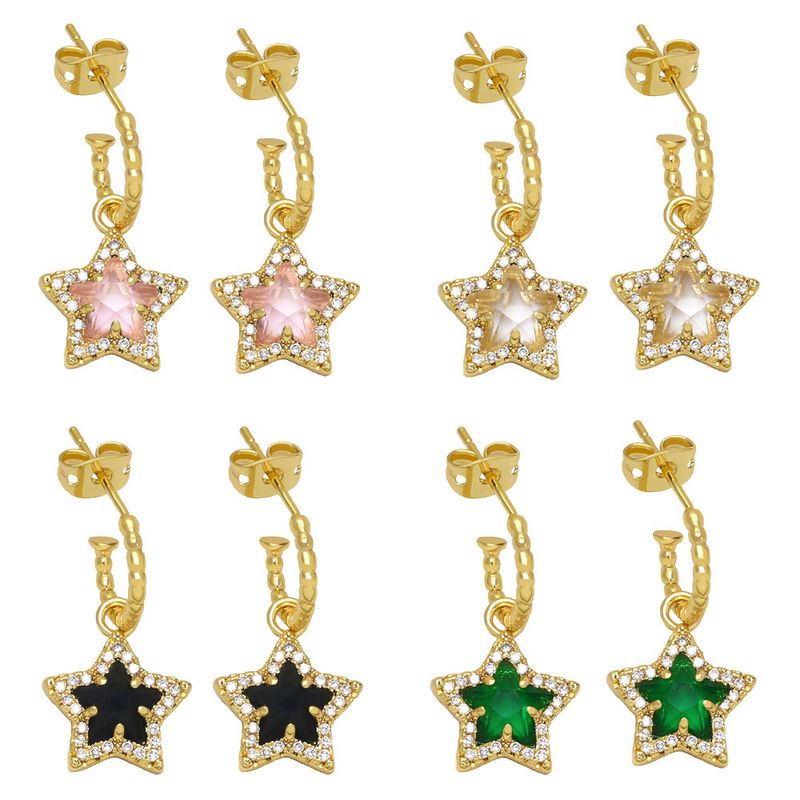 Retro Five-pointed Star C-shaped Copper Gold-plated Inlaid Zircon Earrings