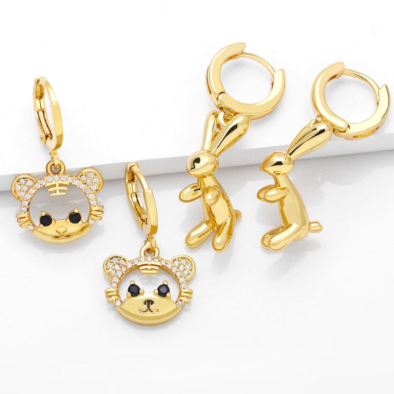 New Cute Glossy Rabbit Copper Gold-plated Inlaid Zircon Earrings