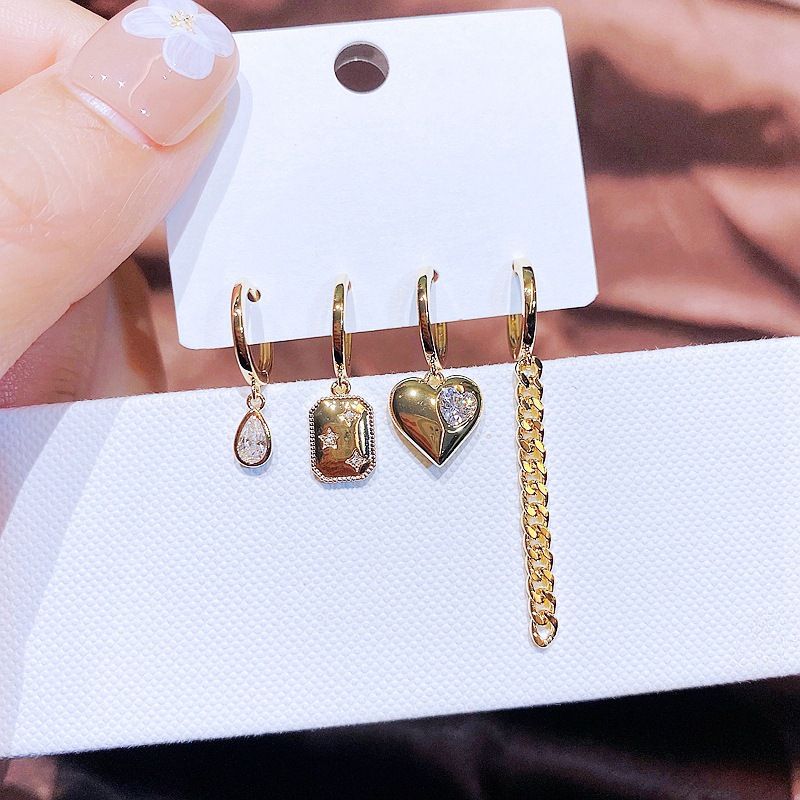 Fashion 4-piece Set Copper Chain Tassel Star Water Drop Heart-shaped Earrings