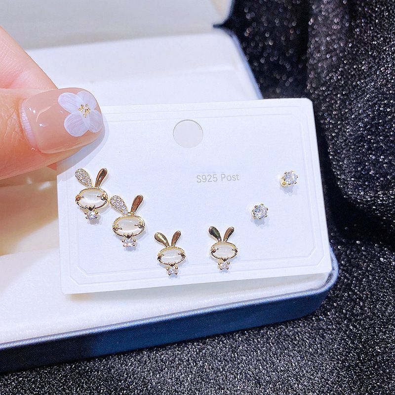 Fashion Zircon Micro-set Rabbit Cat's Eye Copper Earring Combination